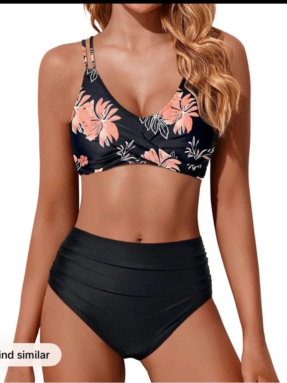 Women's Black & Peach Floral High-Waist Bikini Set